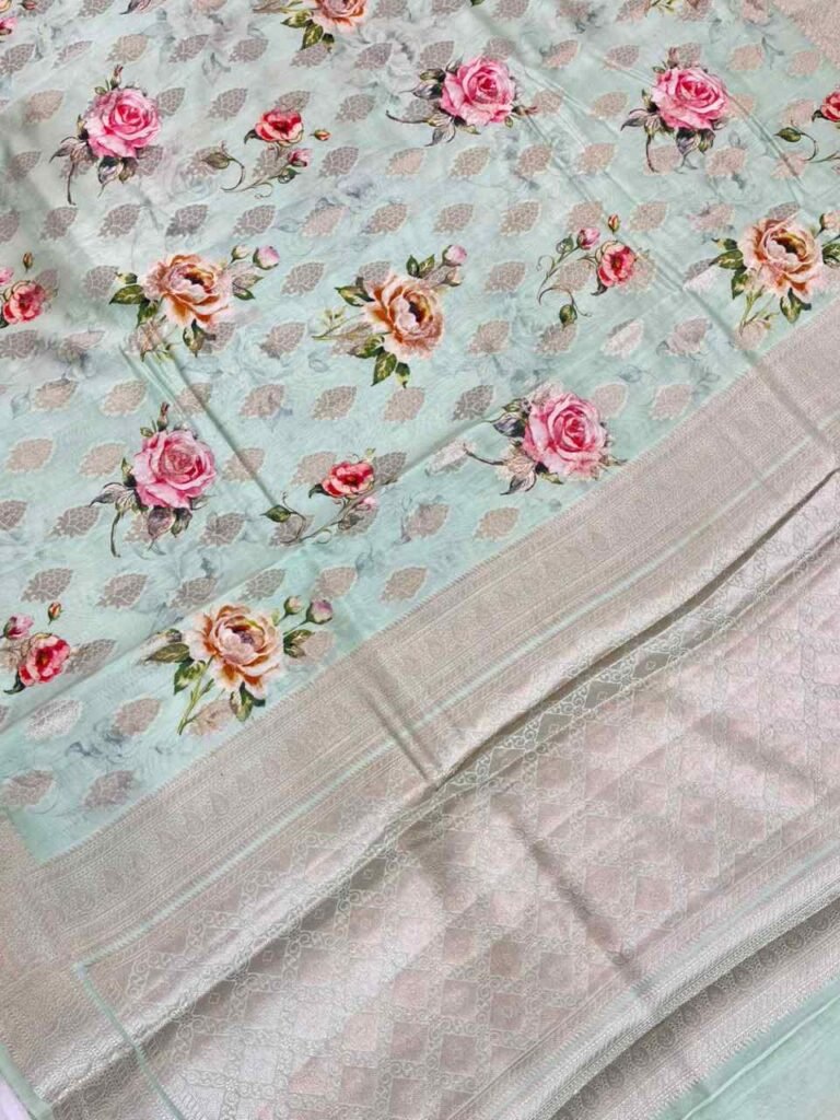 Light Pista Green Digital Print Cotton Silk Pure Banarasi Saree
