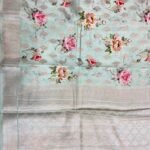 Light Pista Green Digital Print Cotton Silk Pure Banarasi Saree