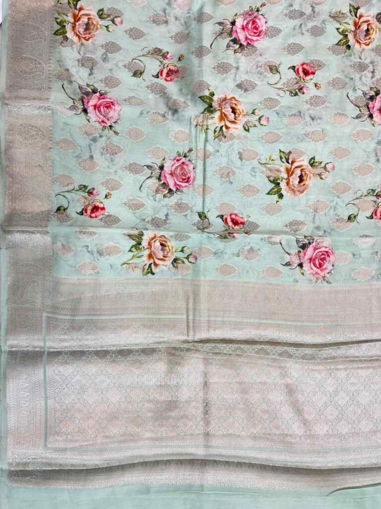 Light Pista Green Digital Print Cotton Silk Pure Banarasi Saree