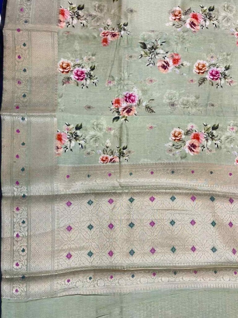 Premium pista green cotton silk pure Banarasi digital print saree with floral print and intricate zari border and pallu