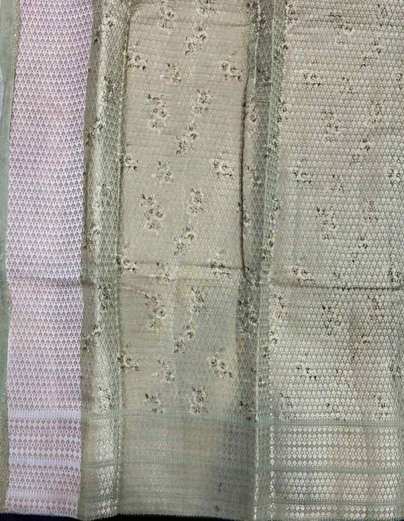 Light Pista Green Digital Print Cotton Silk Pure Banarasi Saree