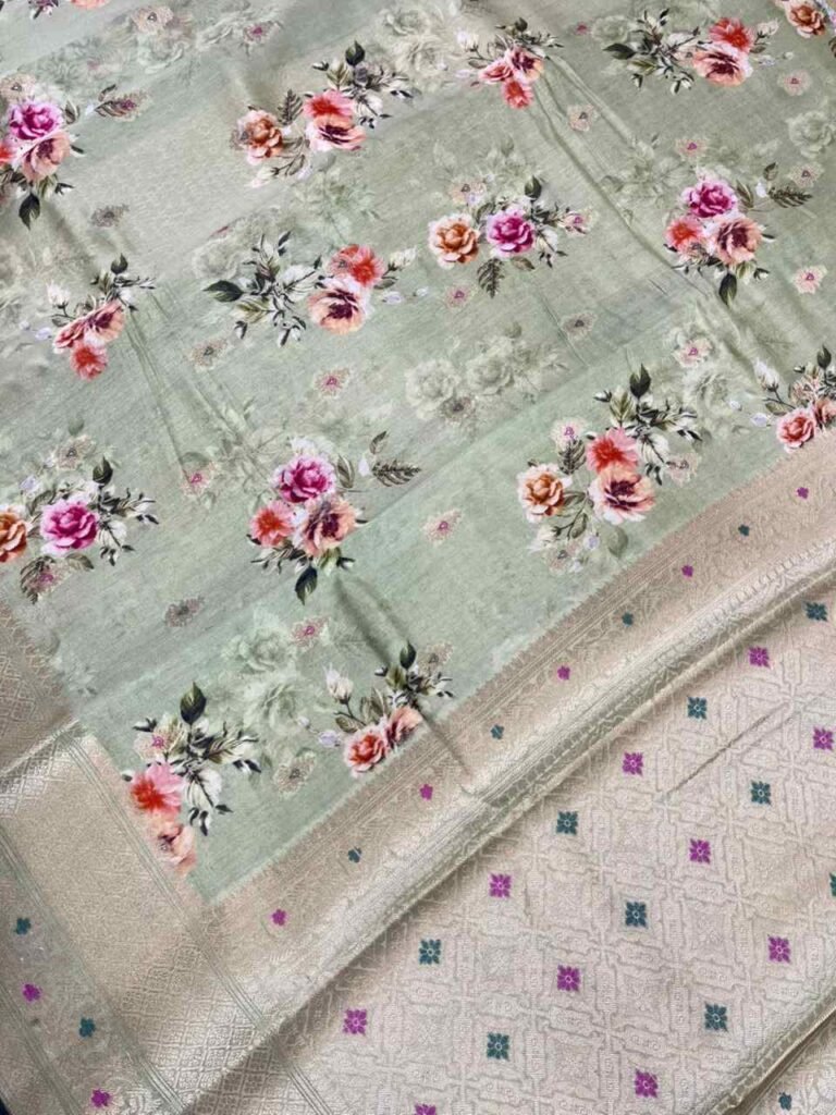 Pista Green Digital Print Cotton Silk Saree