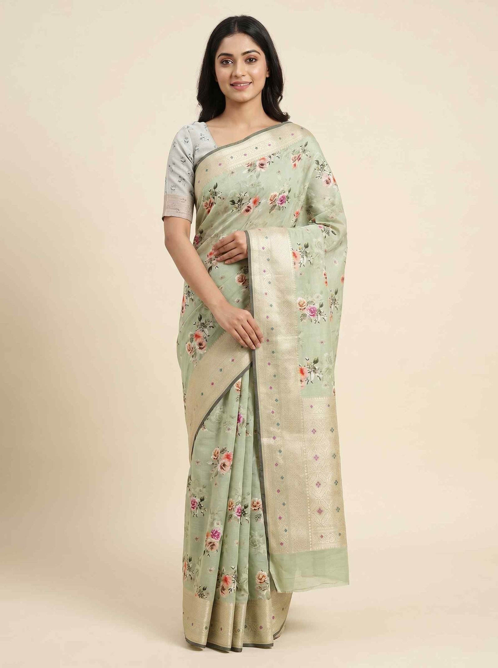 Pista Green Digital Print Cotton Silk Saree