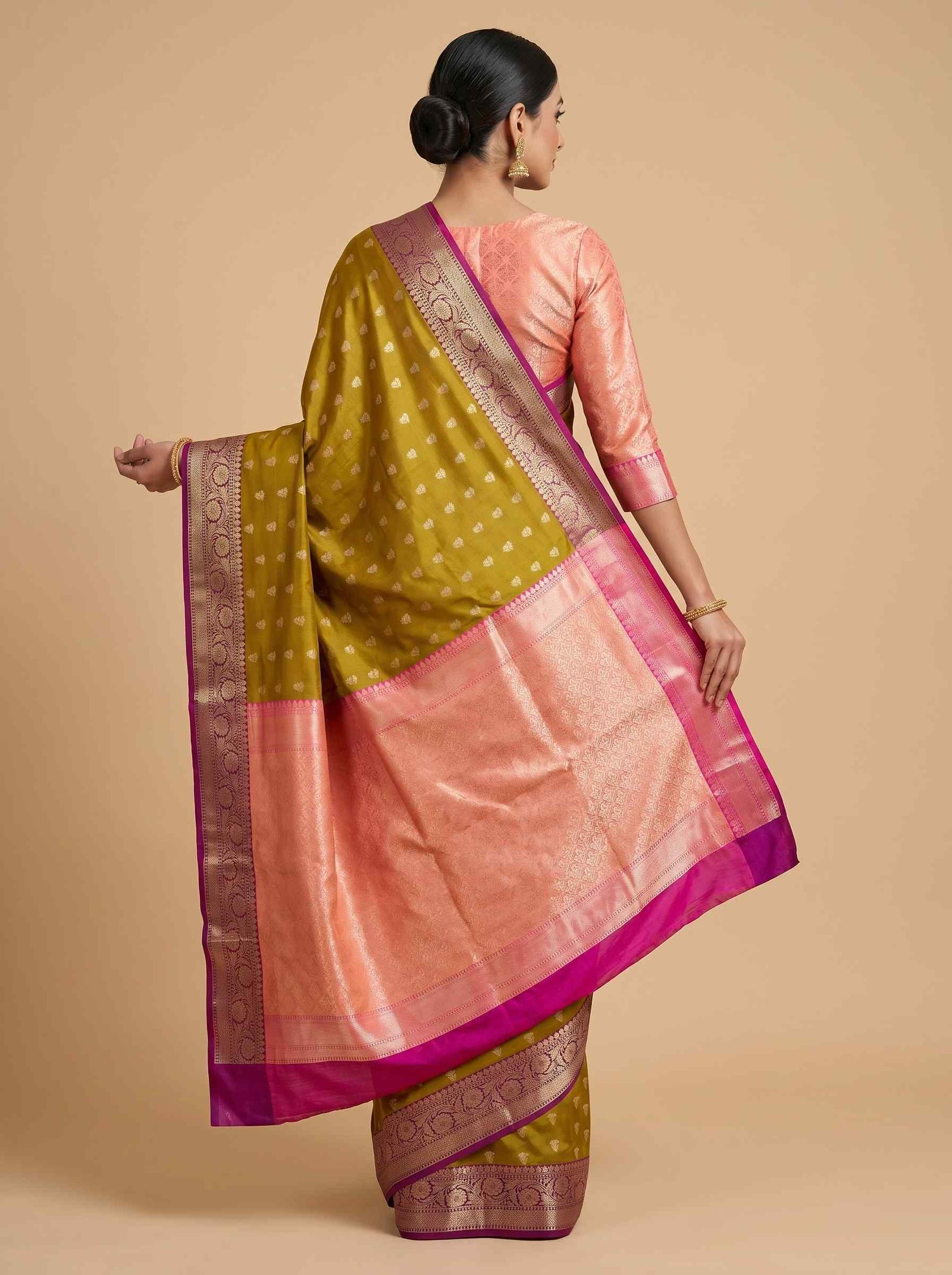 Olive Green Semi Silk Banarasi Saree