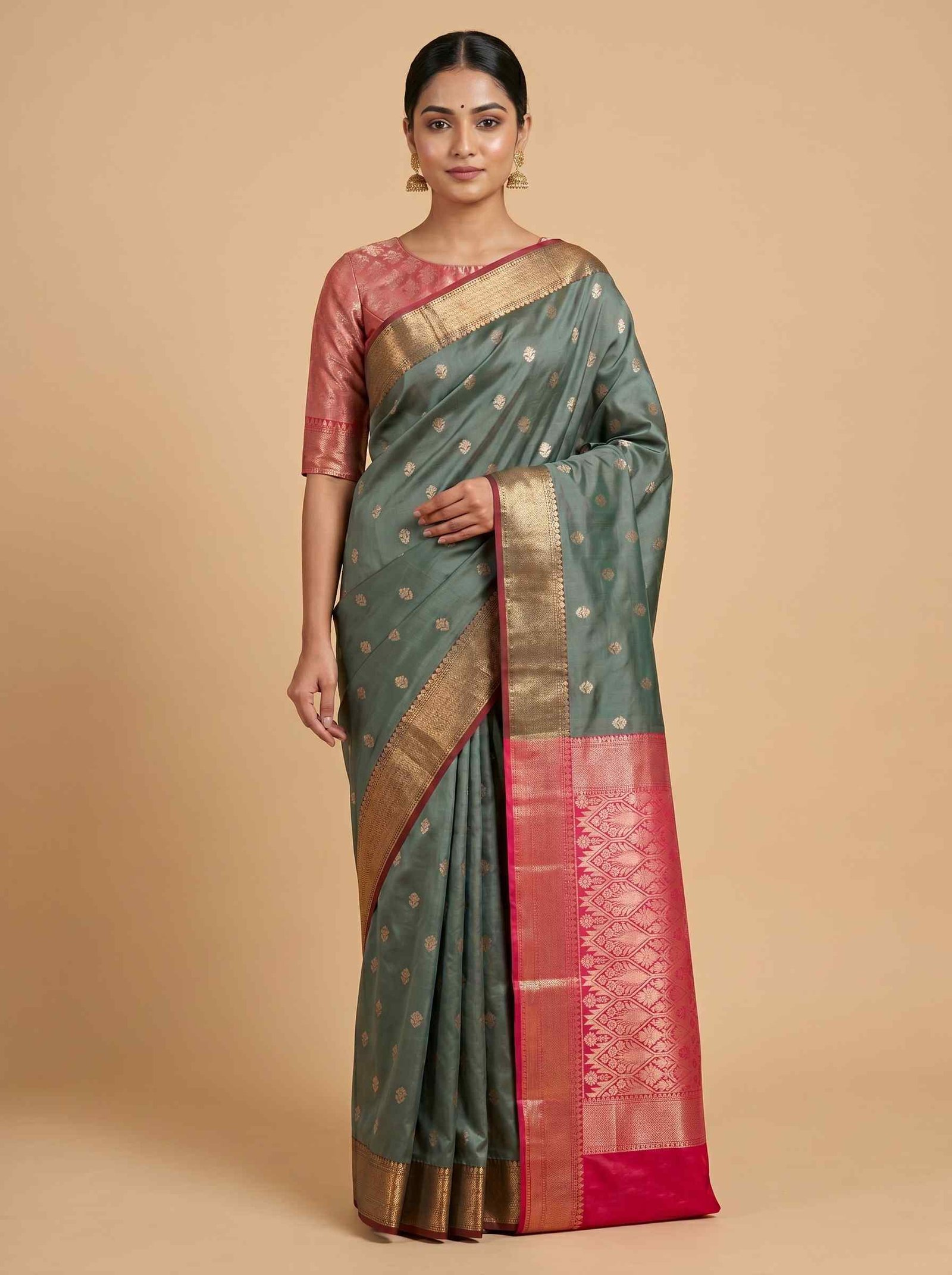 Sage Green Semi Silk Banarasi Style