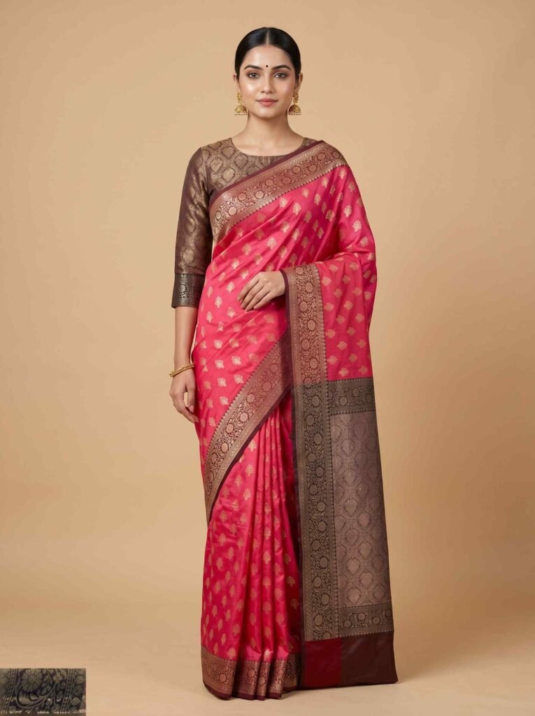Banarasi Semi Kataan Silk Saree Fusia Pink Colour