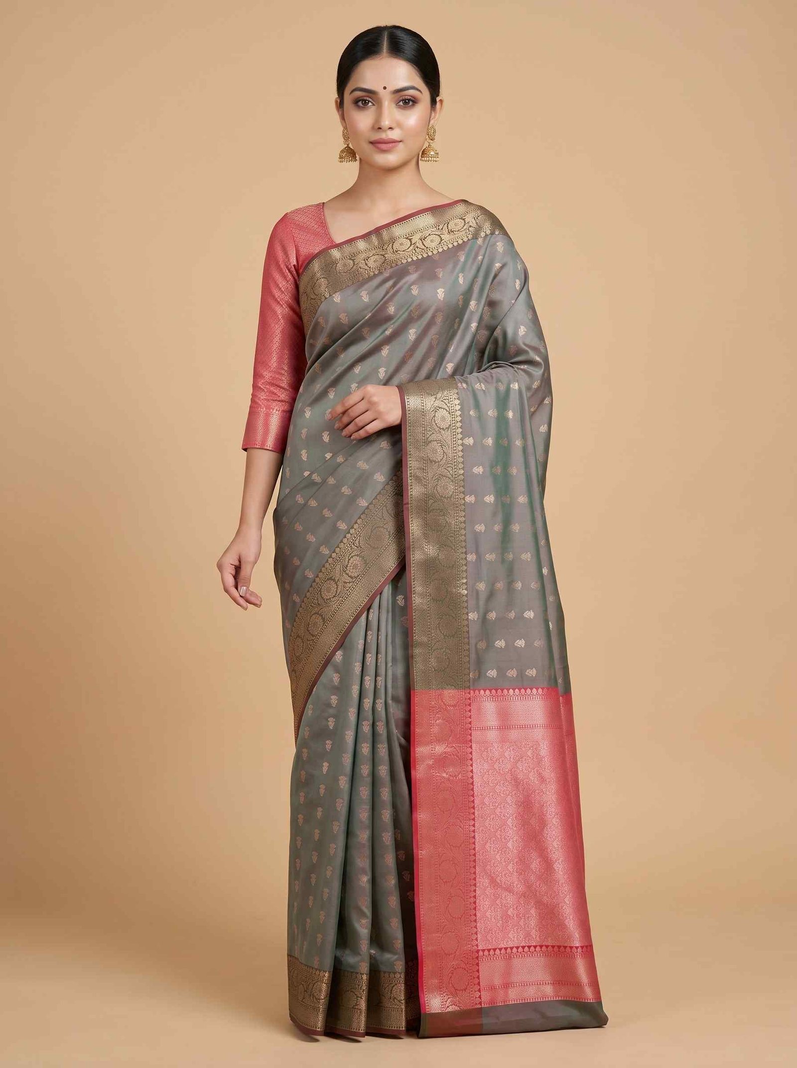 Grey Semi Kataan Silk Banarasi Saree