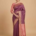 Premium Rose Pink and Pink Semi Kataan Silk Banarasi saree with floral booti work and rich zari border and pallu