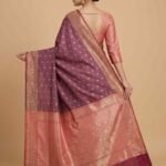 Premium Rose Pink and Pink Semi Kataan Silk Banarasi saree with floral booti work and rich zari border and pallu