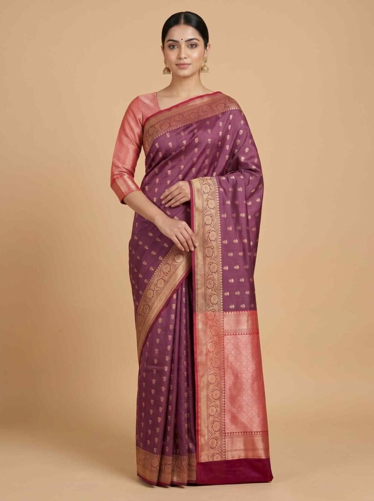 Premium Rose Pink and Pink Semi Kataan Silk Banarasi saree with floral booti work and rich zari border and pallu