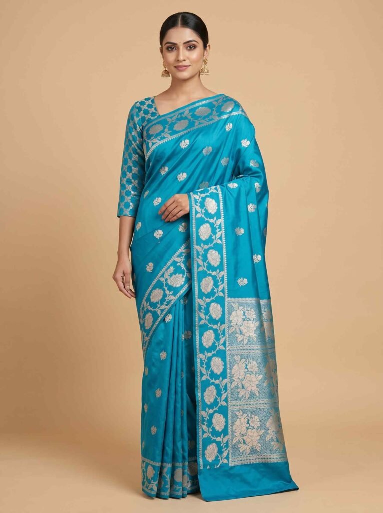 Banarasi Semi Kataan Silk Saree Turquoise Colour