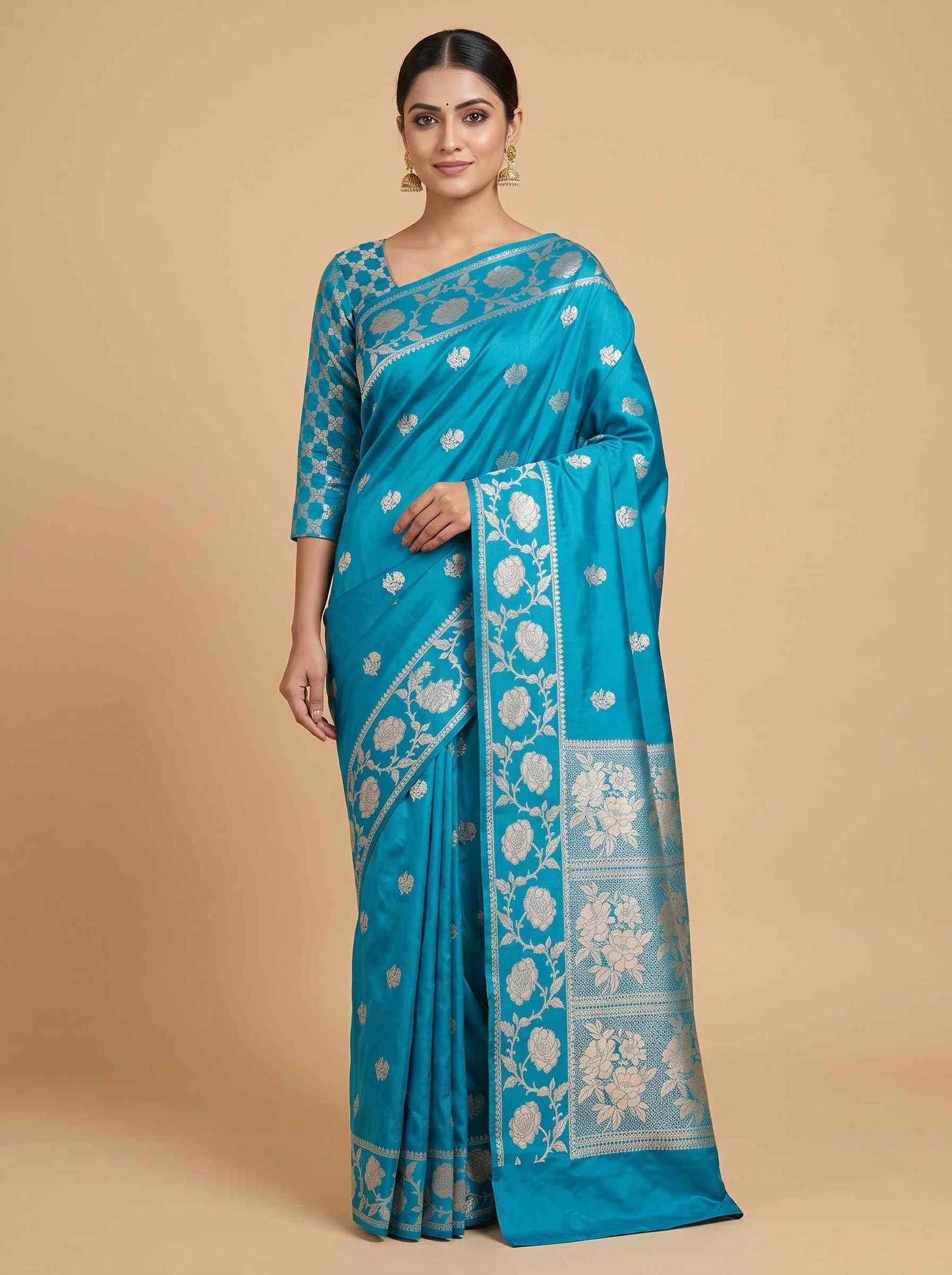 Turquoise Semi Silk Banarasi Saree