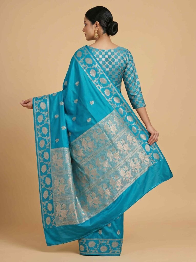 Banarasi Semi Kataan Silk Saree Turquoise Colour (2)