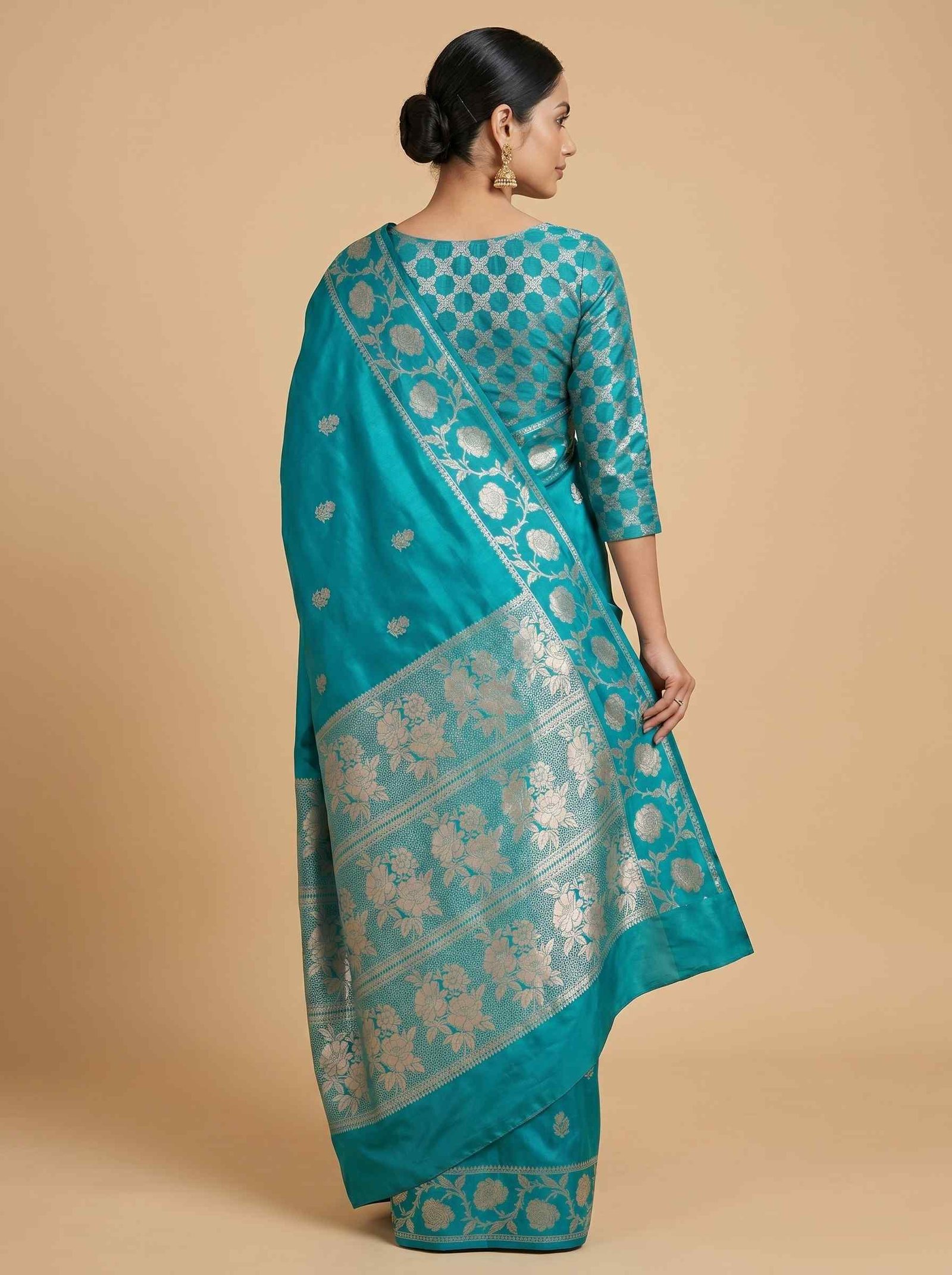 Teal Blue Semi Silk Banarasi Saree