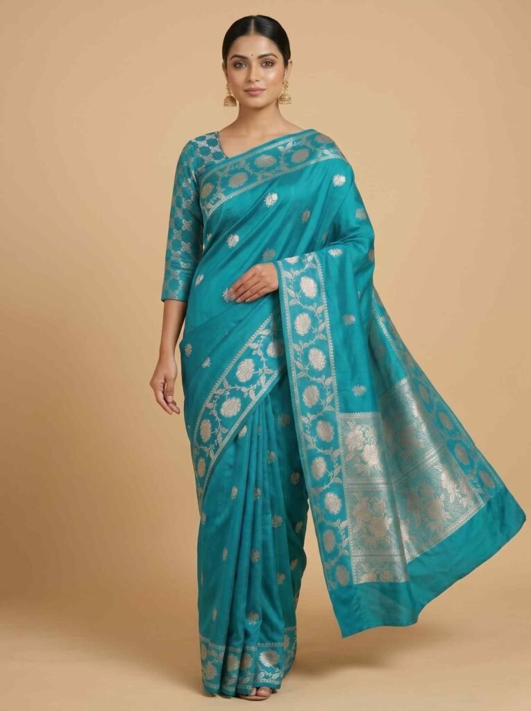 Teal Blue Semi Silk Banarasi Saree