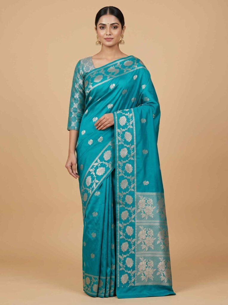 Teal blue Banarasi saree with floral booti work