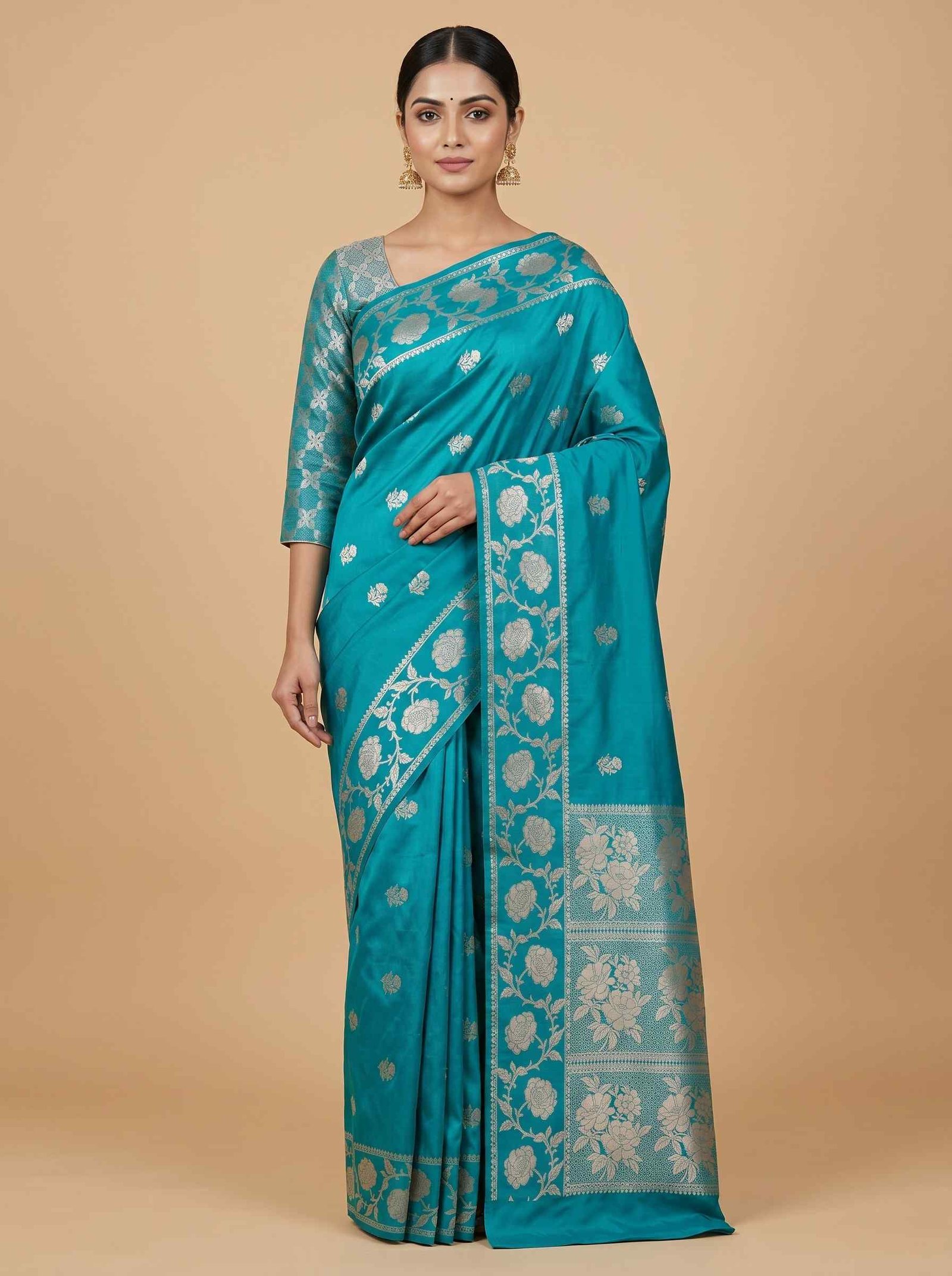 Teal Blue Semi Silk Banarasi Saree