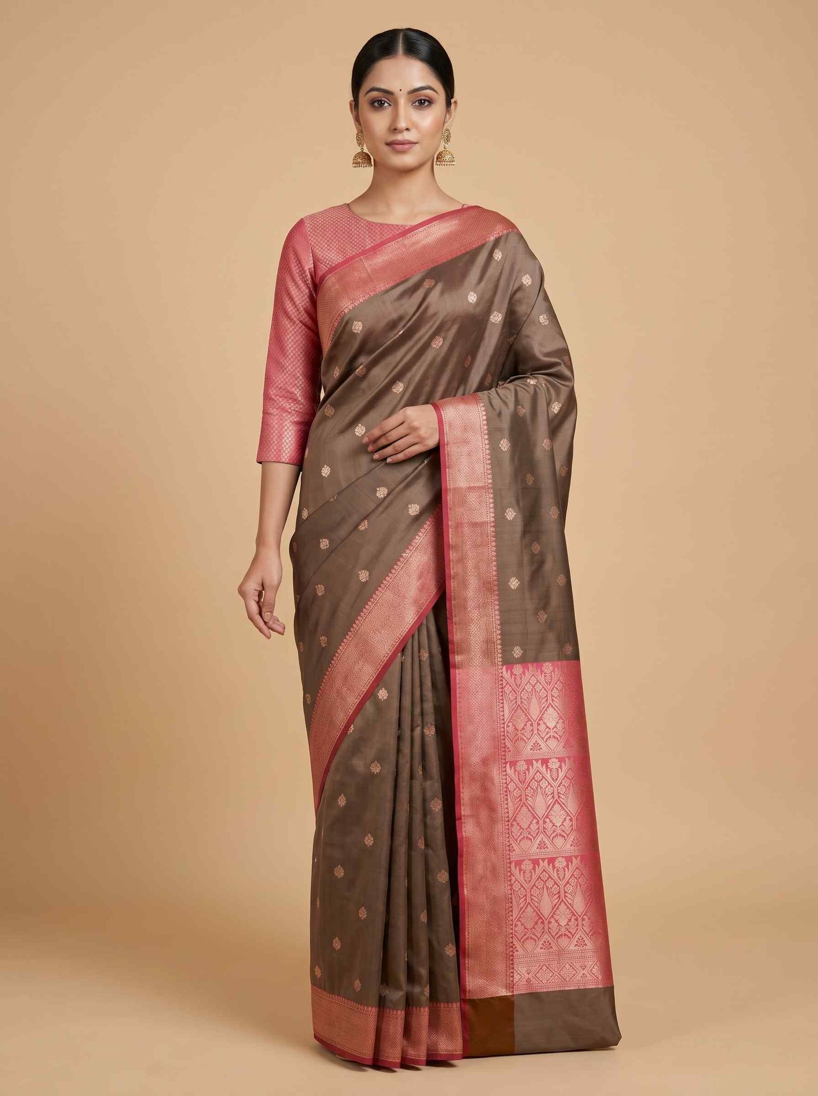 Chiku Brown Semi Silk Banarasi Saree