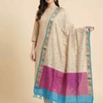Premium Munga Silk Pure Banarasi Dupatta in beige with multicolour zari booti work, pink panel and turquoise border