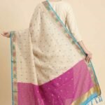 Premium Munga Silk Pure Banarasi Dupatta in beige with multicolour zari booti work, pink panel and turquoise border