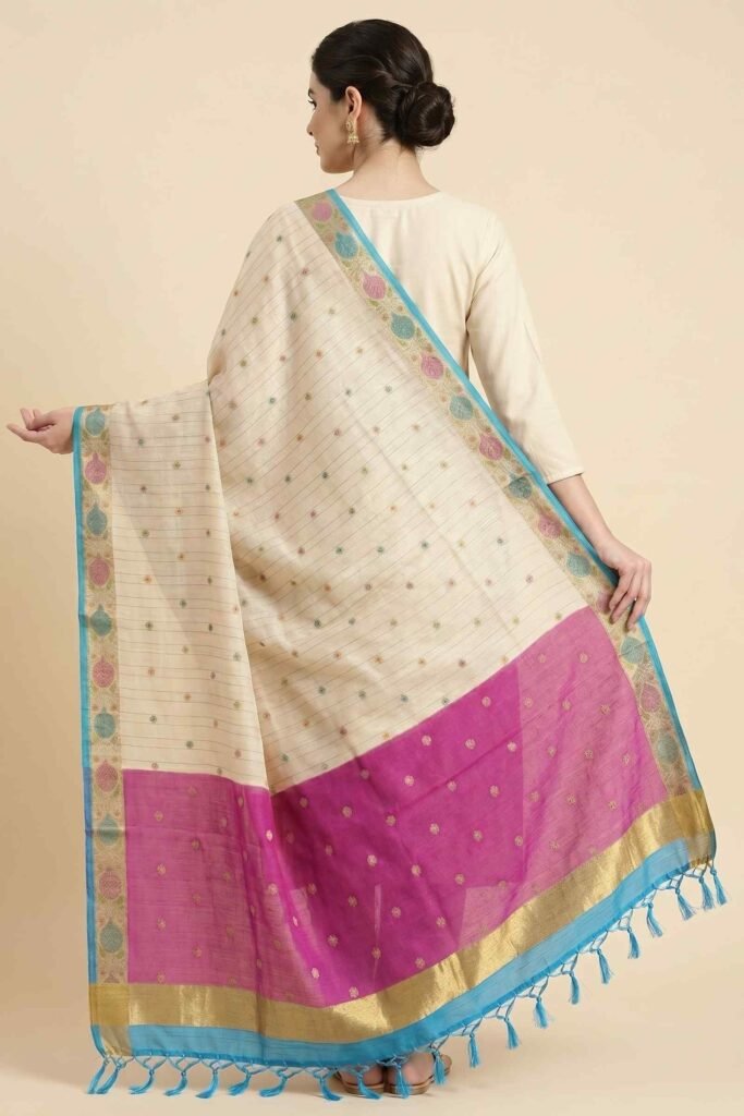 Premium Munga Silk Pure Banarasi Dupatta in beige with multicolour zari booti work, pink panel and turquoise border