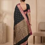 Premium semi Kataan silk Banarasi saree in black colour with floral zari border and pallu and delicate booti work