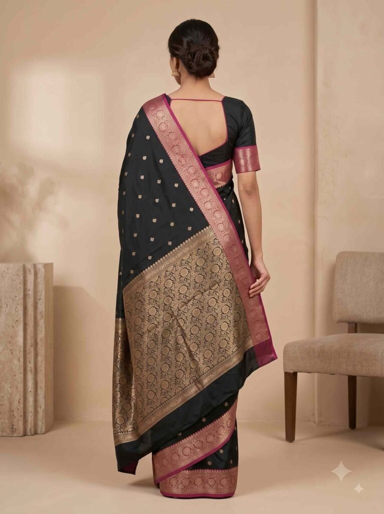 Premium semi Kataan silk Banarasi saree in black colour with floral zari border and pallu and delicate booti work