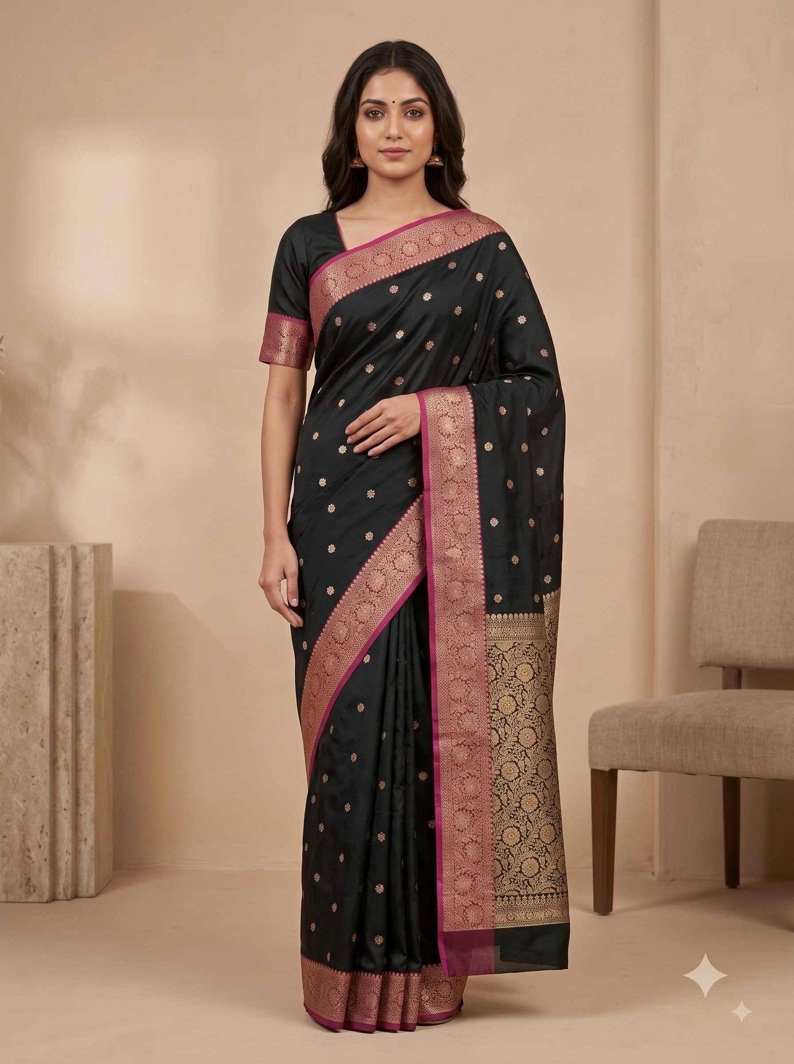 Black Semi Kataan Silk Banarasi Saree