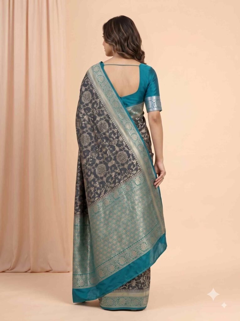Premium Chiniya Silk Banarasi saree in black and sea green contrast with intricate floral jaal zari work and detailed pallu