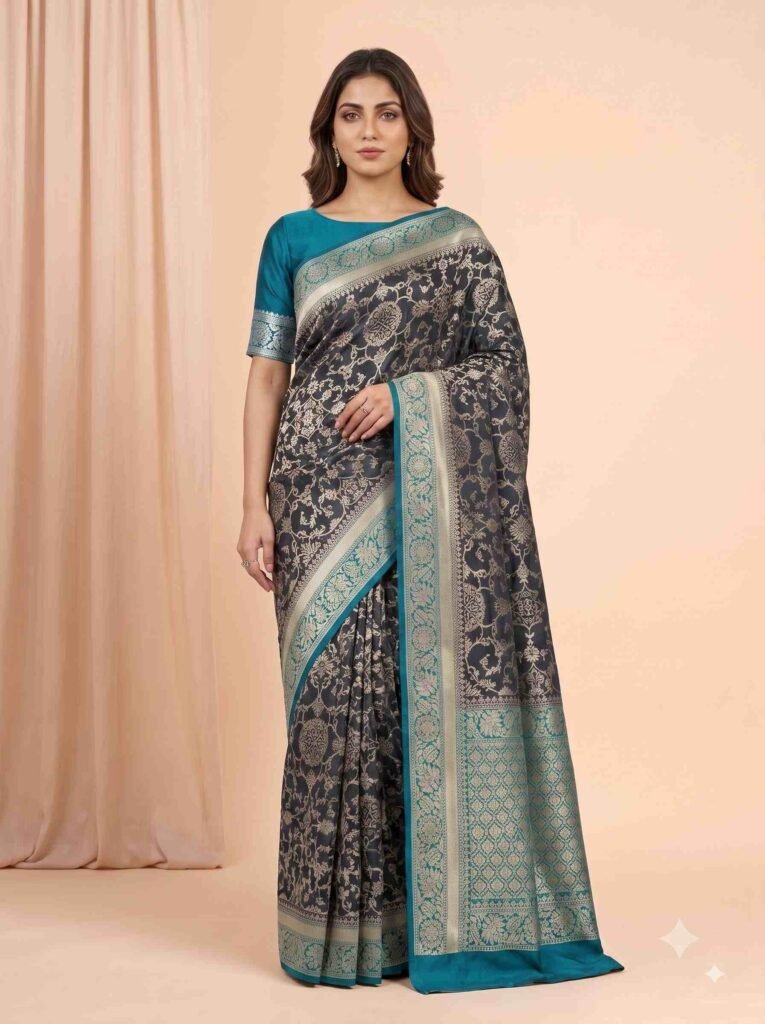 Premium Chiniya Silk Banarasi saree in black and sea green contrast with intricate floral jaal zari work and detailed pallu