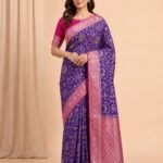 Premium Chiniya Silk Banarasi saree in purple and rani pink contrast with beautiful floral jaal zari work