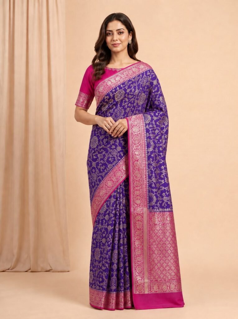 Premium Chiniya Silk Banarasi saree in purple and rani pink contrast with beautiful floral jaal zari work