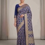 Premium cotton Bandhej Banarasi saree in blue with beautiful Bandhani work, floral zari border and detailed pallu