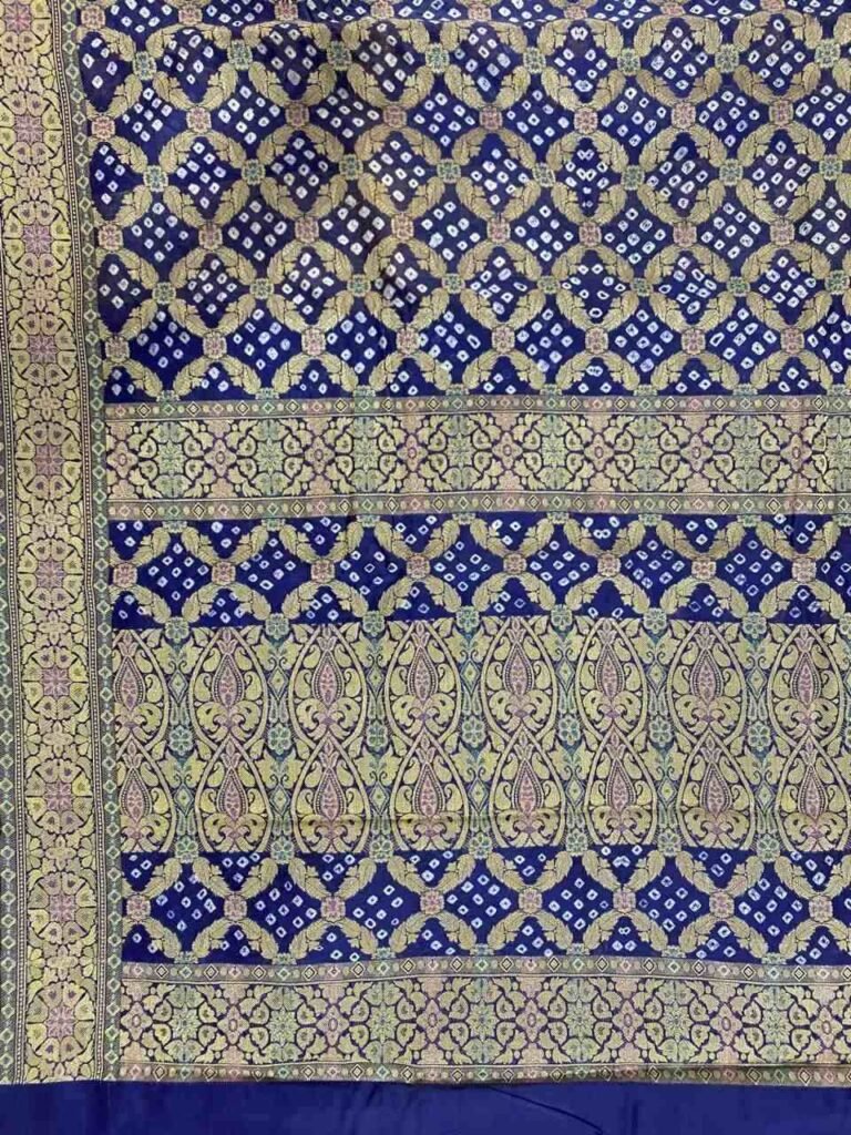 Premium cotton Bandhej Banarasi saree in blue with beautiful Bandhani work, floral zari border and detailed pallu