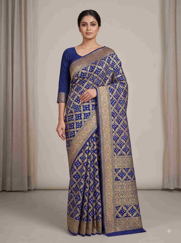 Premium cotton Bandhej Banarasi saree in blue with beautiful Bandhani work, floral zari border and detailed pallu