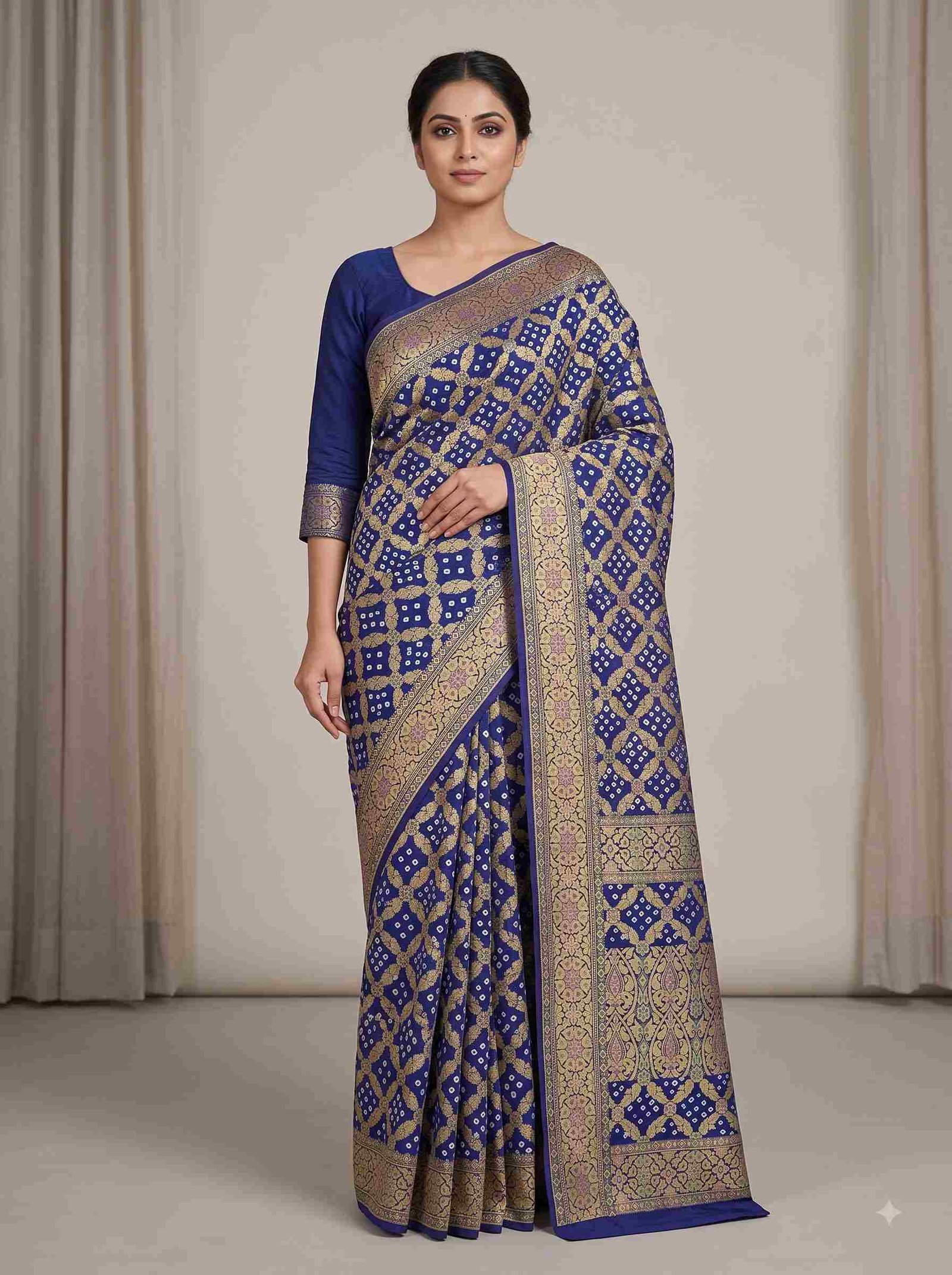 Blue Cotton Bandhej Banarasi Saree