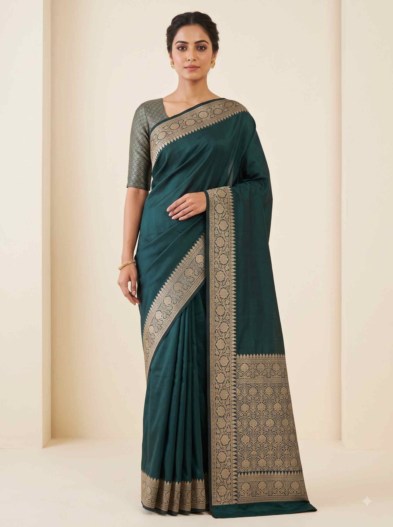 Bottle Green Semi Silk Banarasi Saree