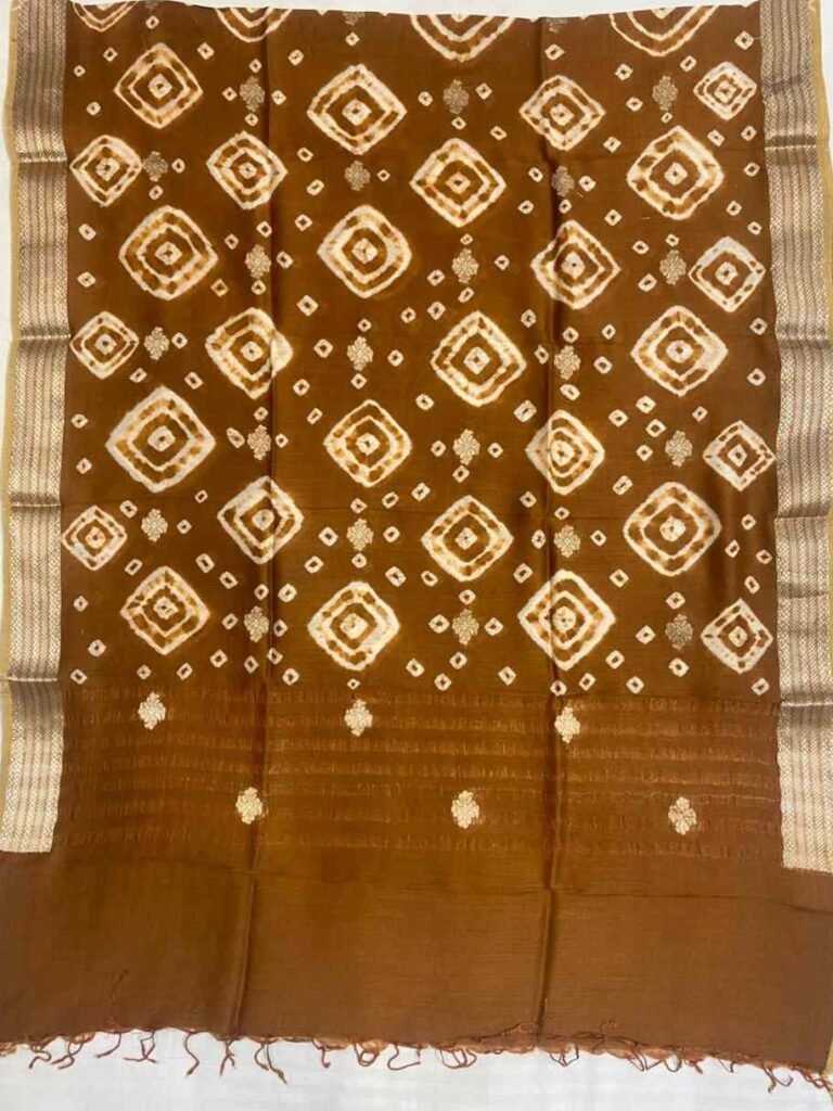 Premium Munga Silk Pure Banarasi Dupatta in brown with geometric motifs, zari work, woven border and tassel detailing