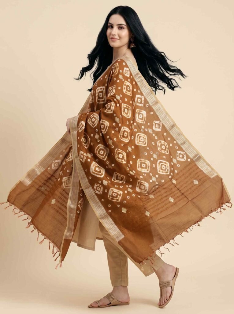 Premium Munga Silk Pure Banarasi Dupatta in brown with geometric motifs, zari work, woven border and tassel detailing