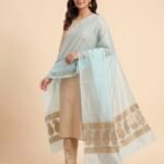 Premium light blue Organza Silk Banarasi dupatta with floral zari work and ornate zari border