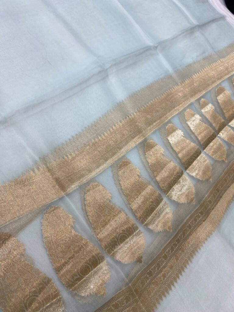 Premium light blue Organza Silk Banarasi dupatta with floral zari work and ornate zari border