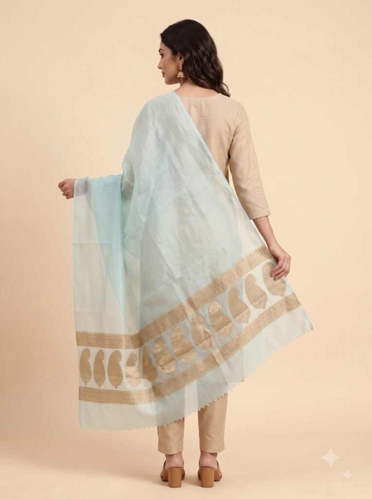 Baby Blue Organza Silk Pure Banarasi Dupatta