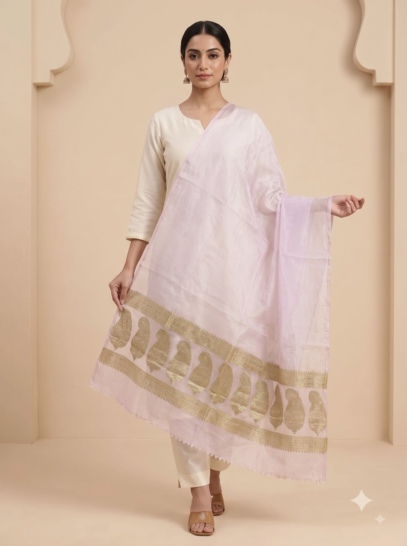Baby Pink Organza Silk Pure Banarasi Dupatta