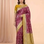 Premium Chiniya Silk Banarasi saree in maroon and mustard contrast with intricate floral jaal zari work