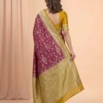 Premium Chiniya Silk Banarasi saree in maroon and mustard contrast with intricate floral jaal zari work