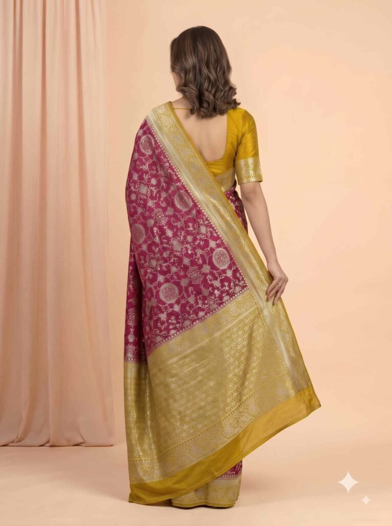 Premium Chiniya Silk Banarasi saree in maroon and mustard contrast with intricate floral jaal zari work