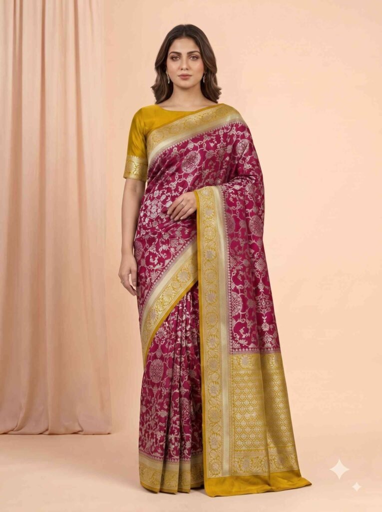 Premium Chiniya Silk Banarasi saree in maroon and mustard contrast with intricate floral jaal zari work