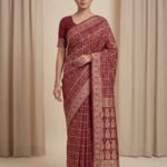 Premium cotton Bandhej Banarasi saree in maroon colour with beautiful Bandhani work, multicolour motifs and intricate zari border