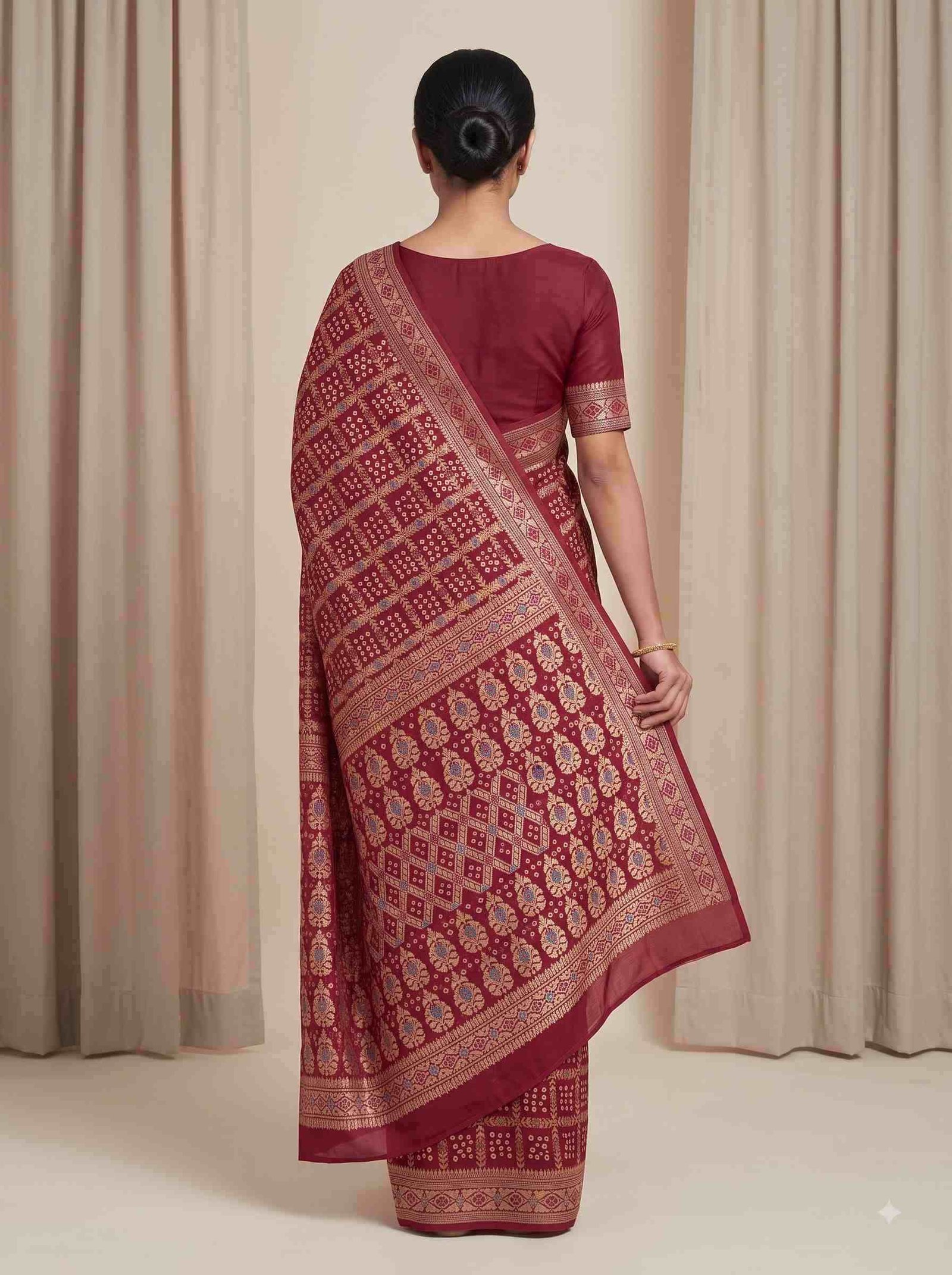 Maroon Cotton Bandhej Banarasi Saree