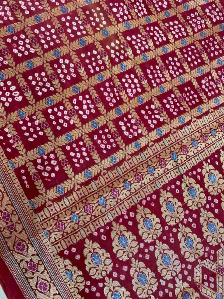 Maroon Cotton Bandhej Banarasi Saree